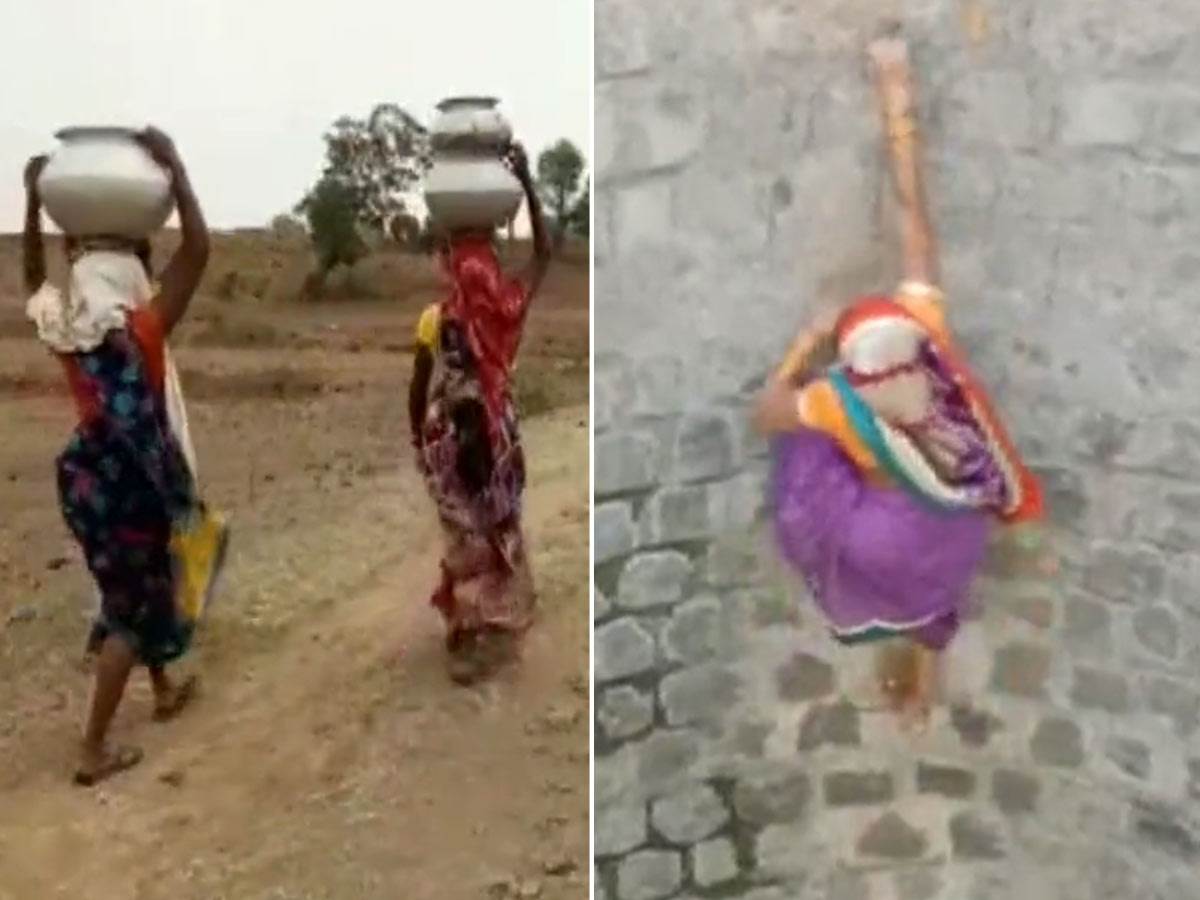  Žena ulazi u bunar kako bi došla do vode u Indiji 