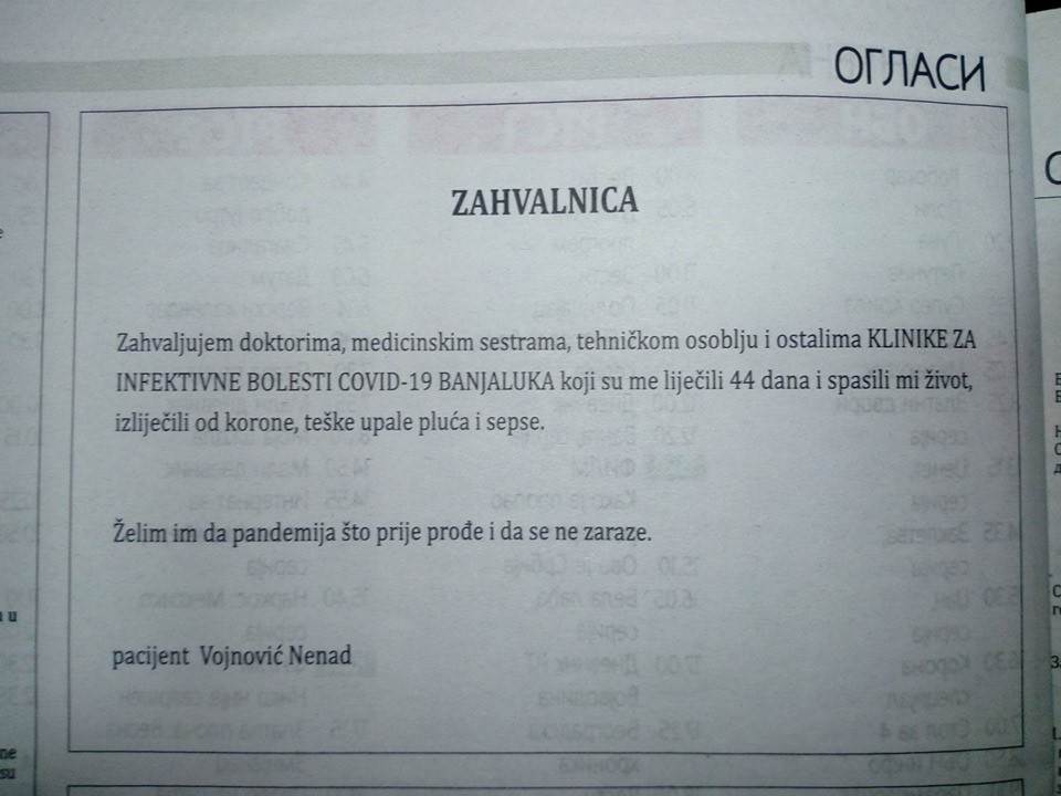  Republika Srpska - Banjaluka - Pacijent se preko oglasa zahvalio medicinskom osoblju  