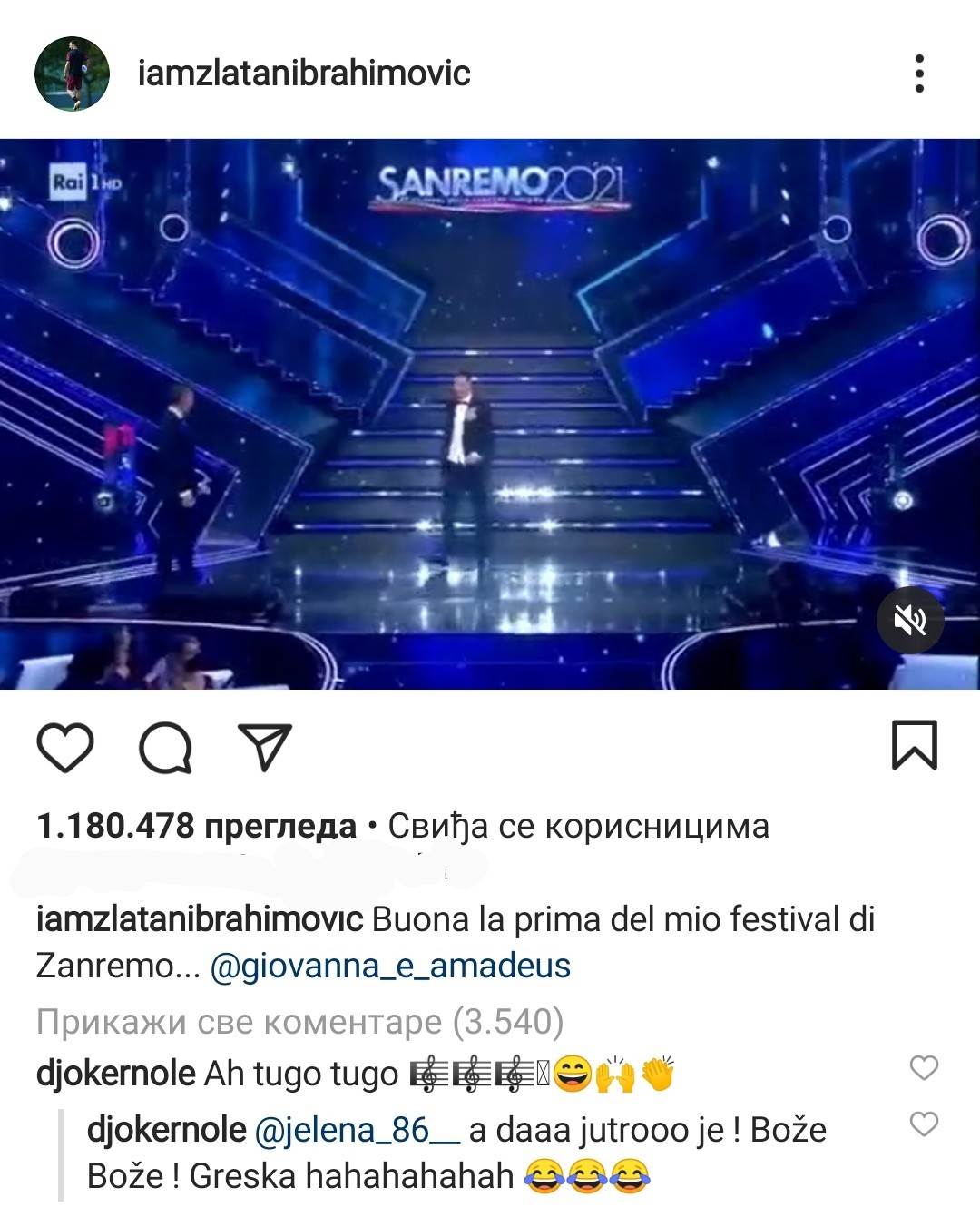  ibrahimovic instagram novak djokovic pogresna pesma komentar 
